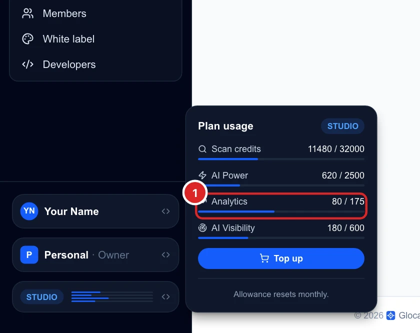 The Plan usage menu with Analytics 80 / 175 between AI Power and AI Visibility
