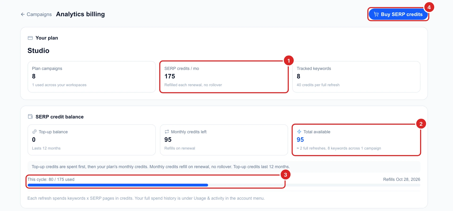 The Analytics billing page: Studio with 175 SERP credits a month, 95 total available, about 2 full refreshes, 80 of 175 used this cycle, refills Oct 28, and the Buy SERP credits button