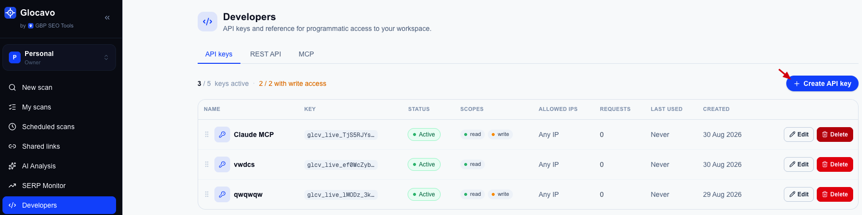 Creating an API key with read and write access in the Glocavo Developers screen
