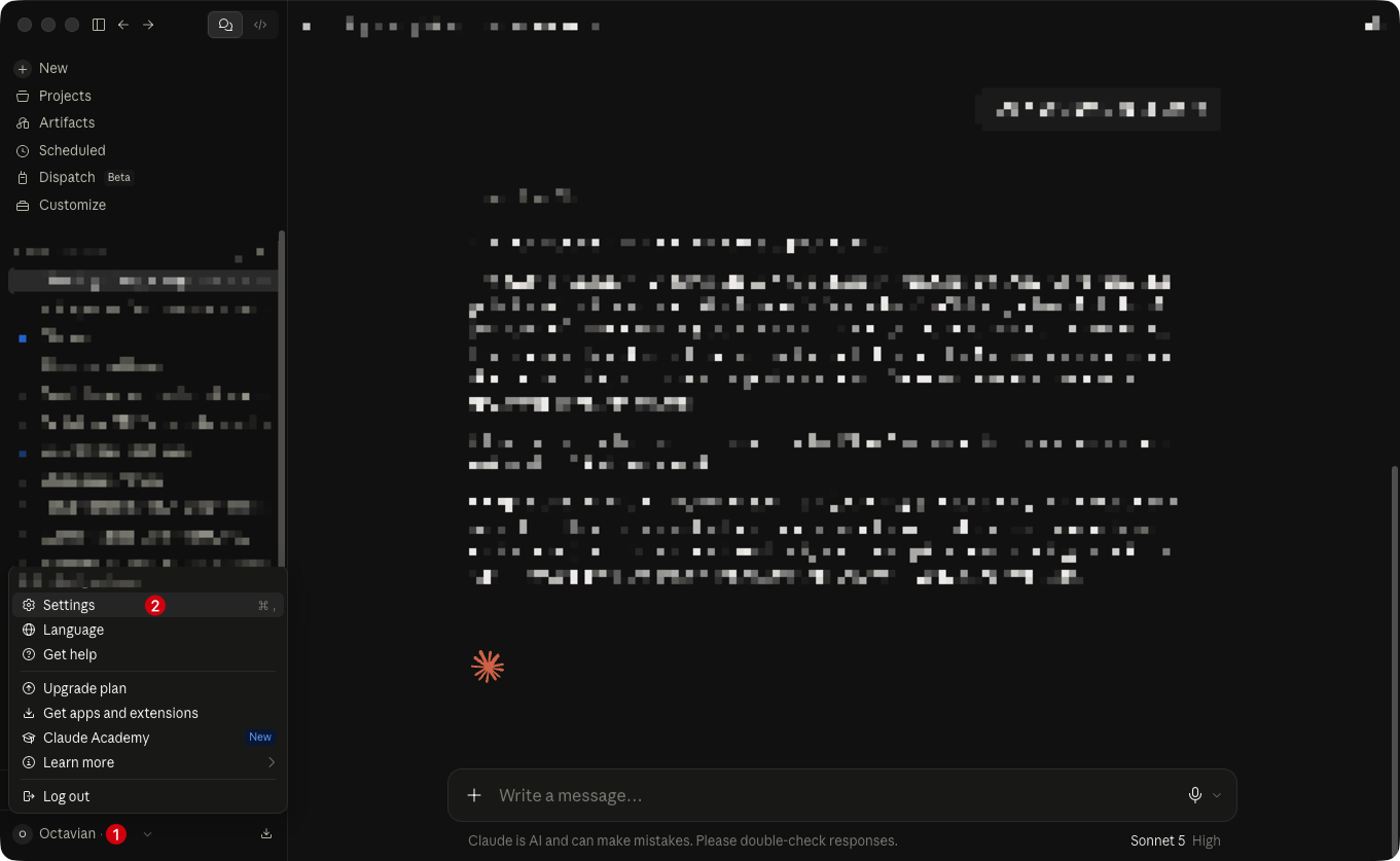 Claude profile menu with Settings highlighted