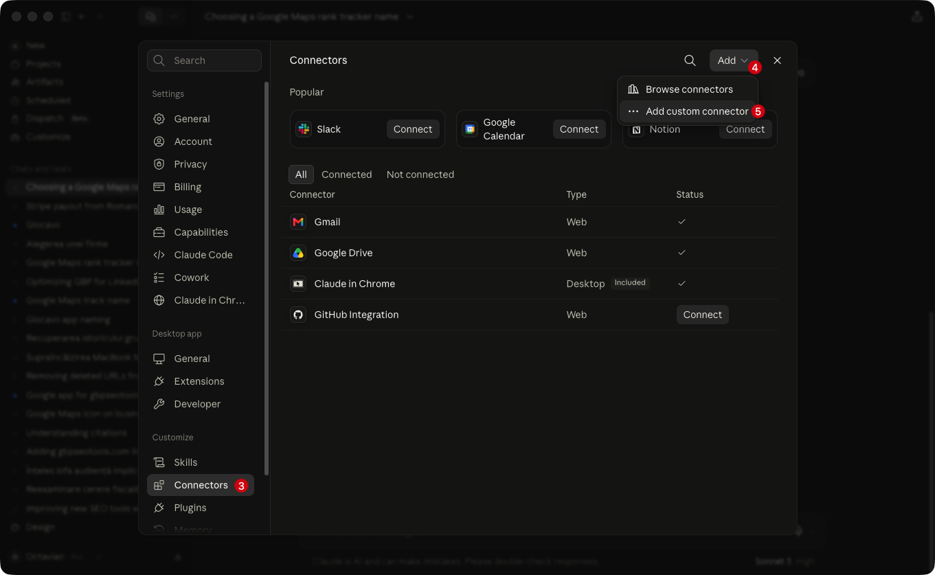 Claude Connectors settings with the Add menu open on Add custom connector