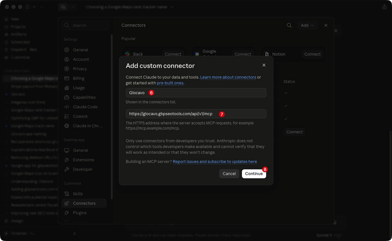 Add custom connector dialog with the name Glocavo and the MCP server URL