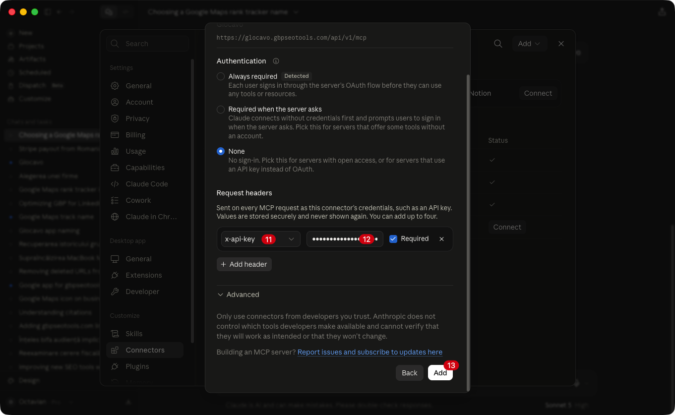 Authentication set to None with an x-api-key request header added and masked