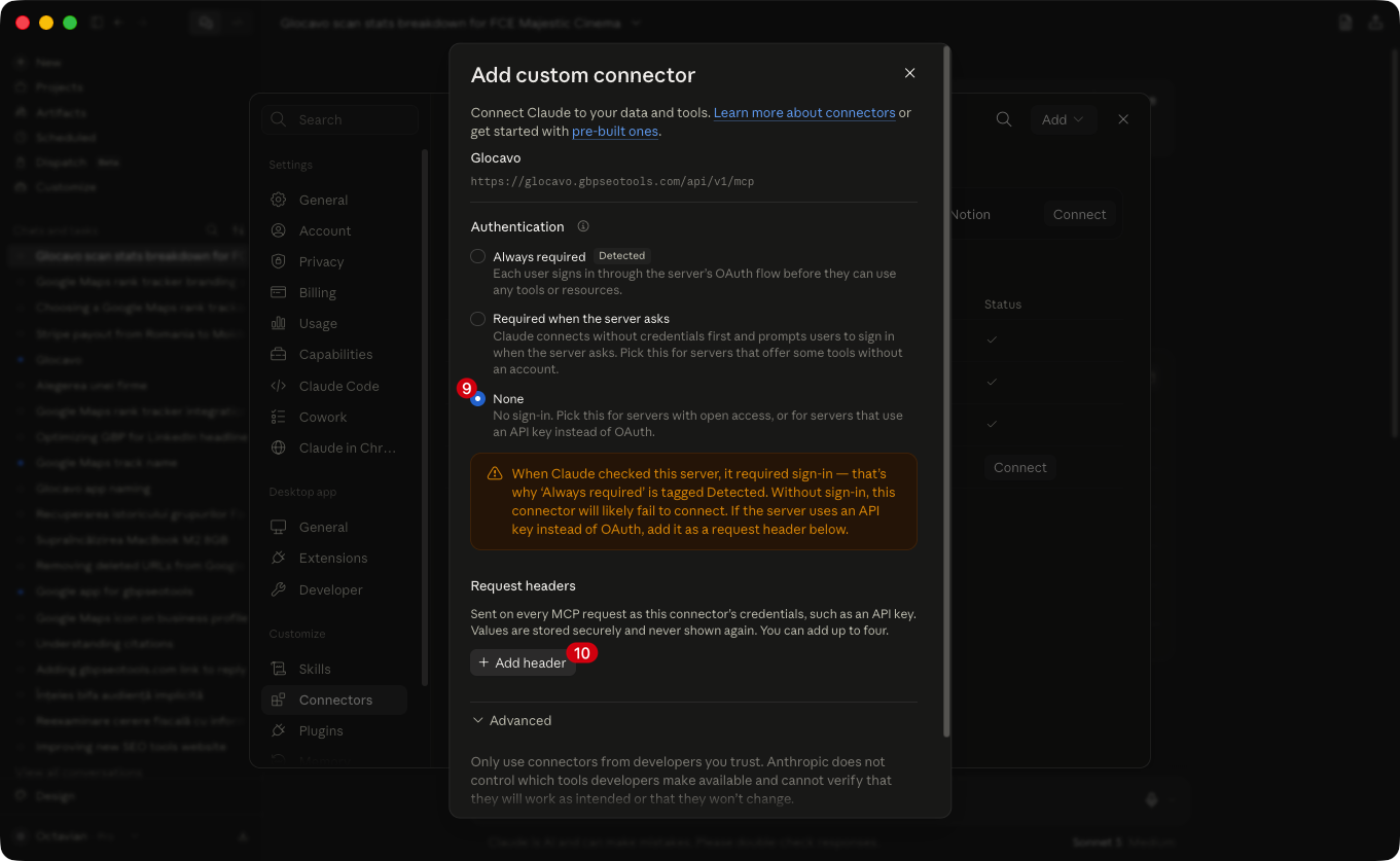 The Authentication section with None selected and the sign-in warning