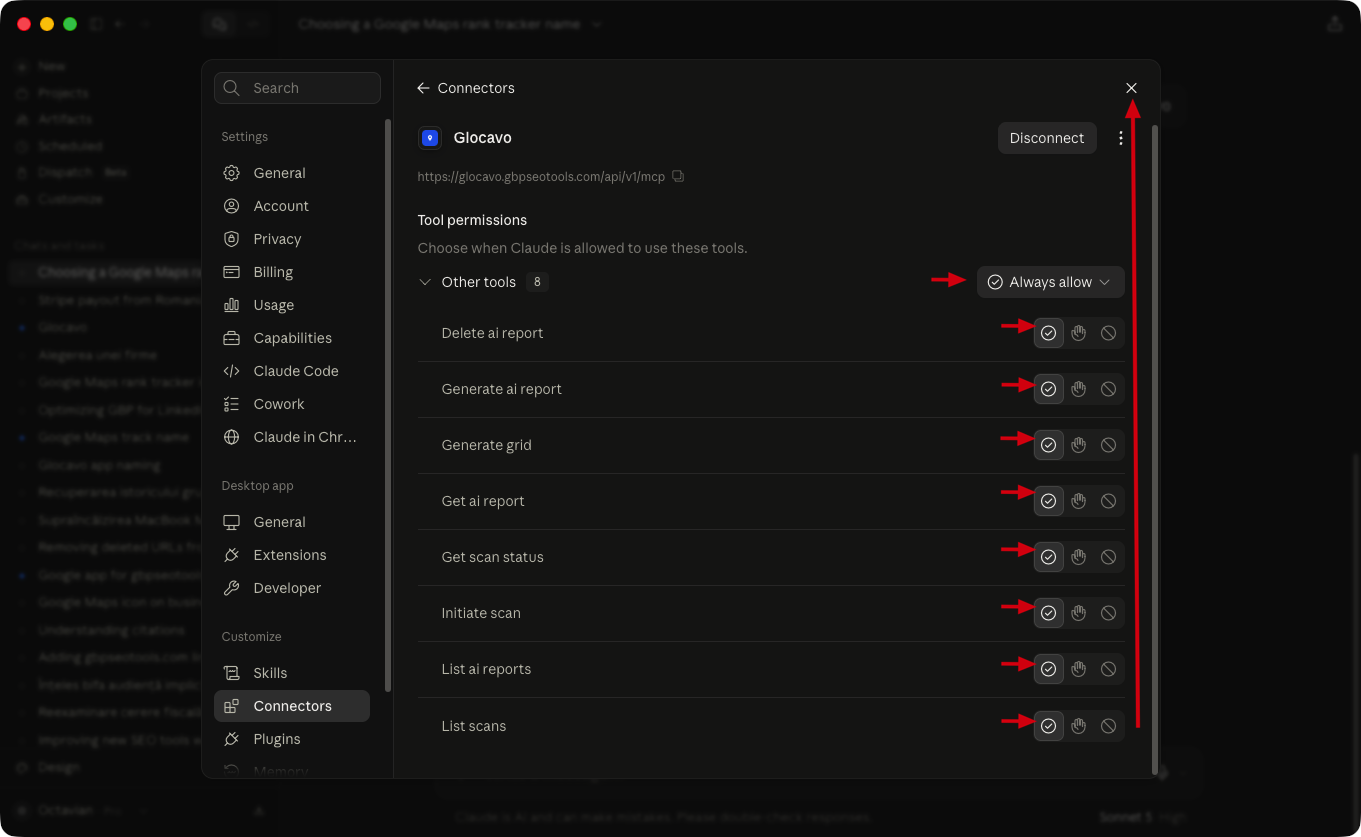 The Configure panel listing the Glocavo tools with permission controls