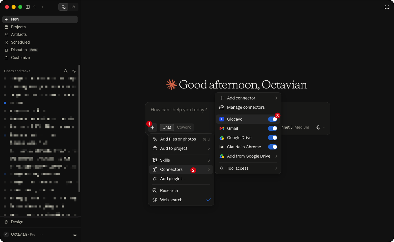 The plus menu in a Claude chat with Connectors open and Glocavo toggled on