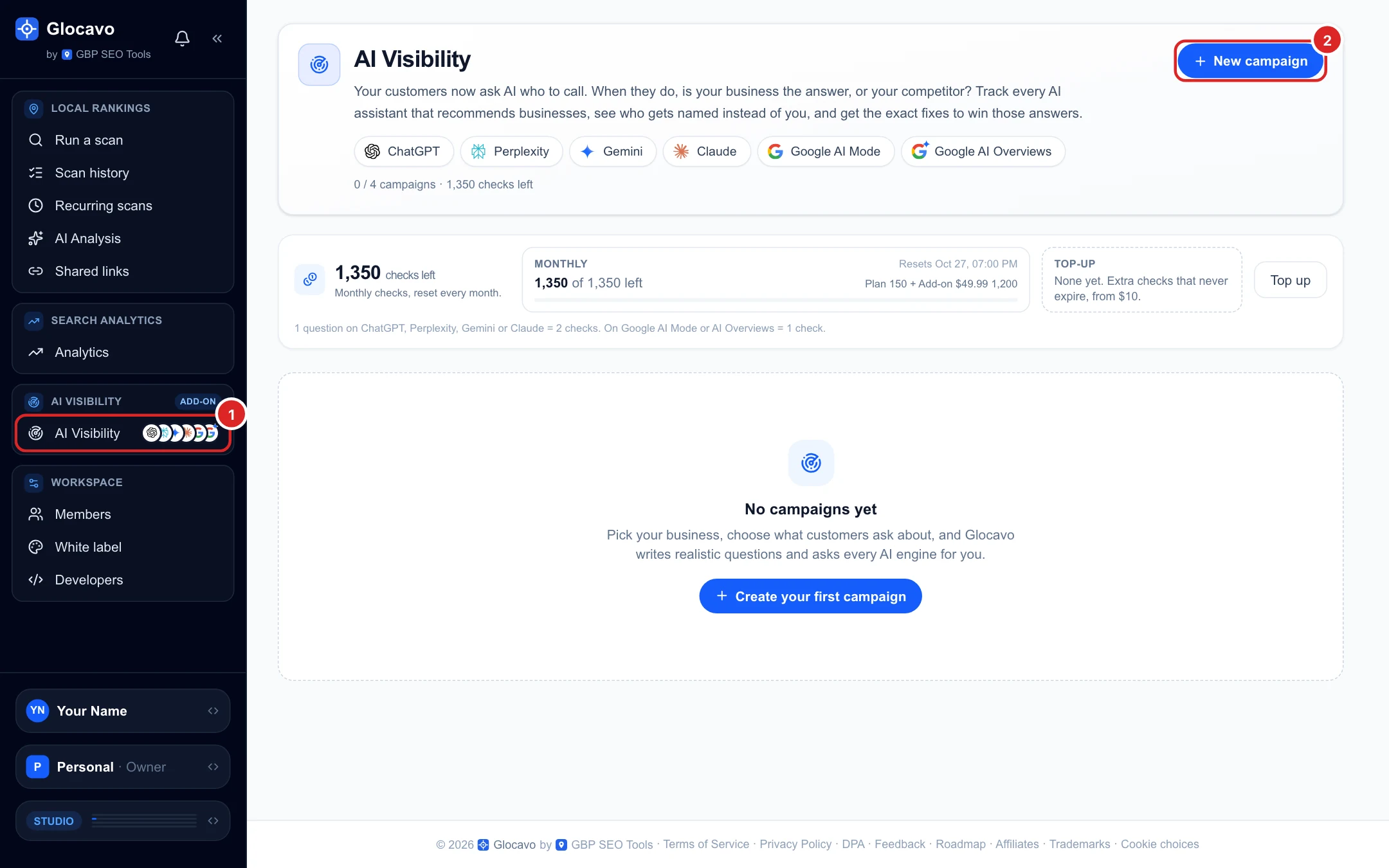 The Glocavo AI Visibility page with the sidebar item and the New campaign button highlighted