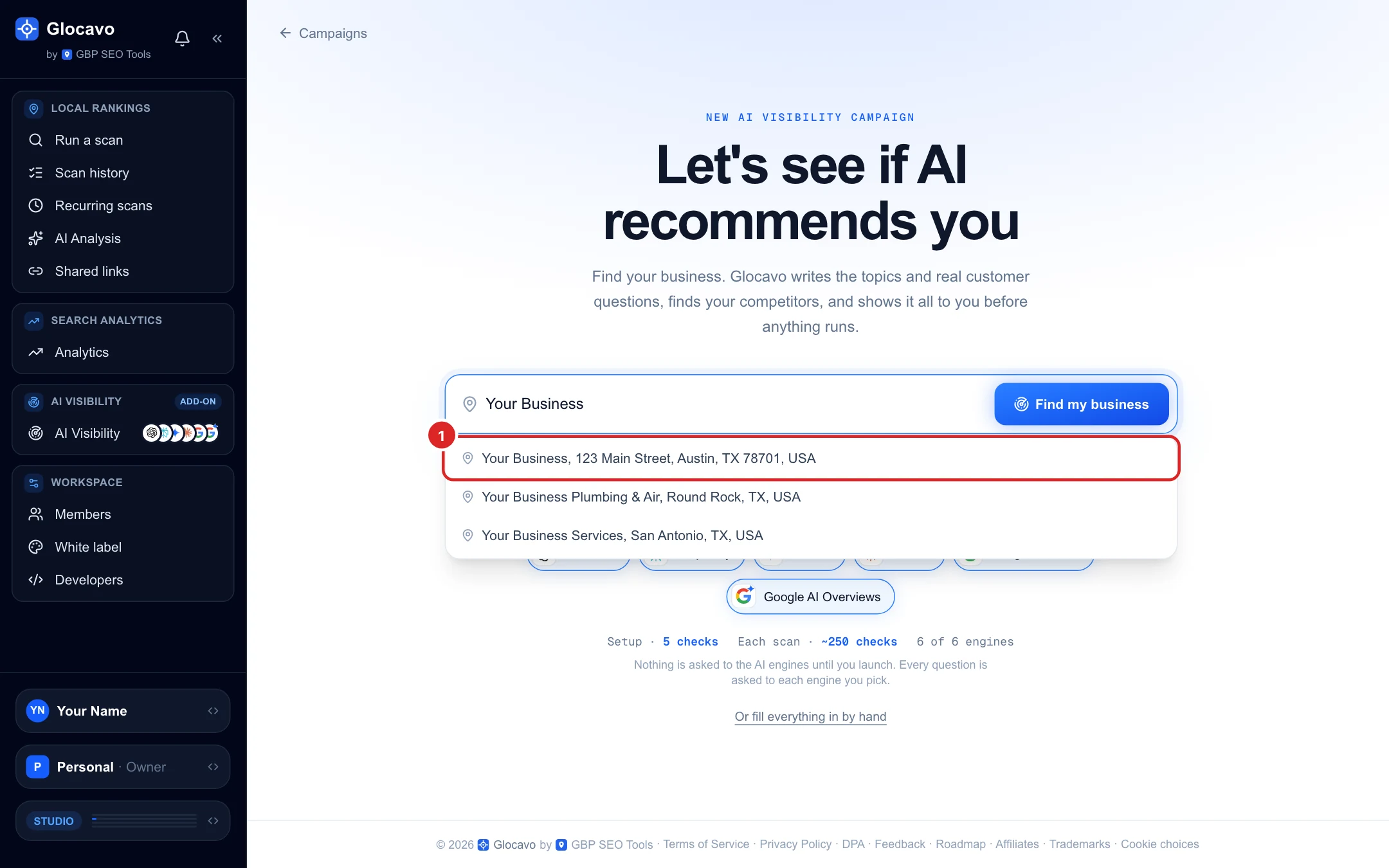 The new campaign screen with Your Business typed in and a list of matching Google listings