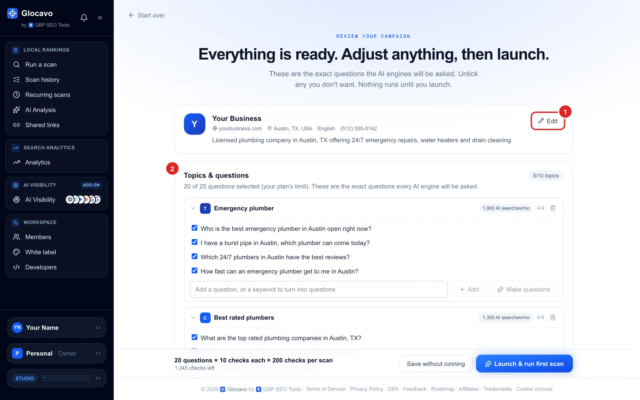 The review page with the business card, its Edit button and the Topics and questions list