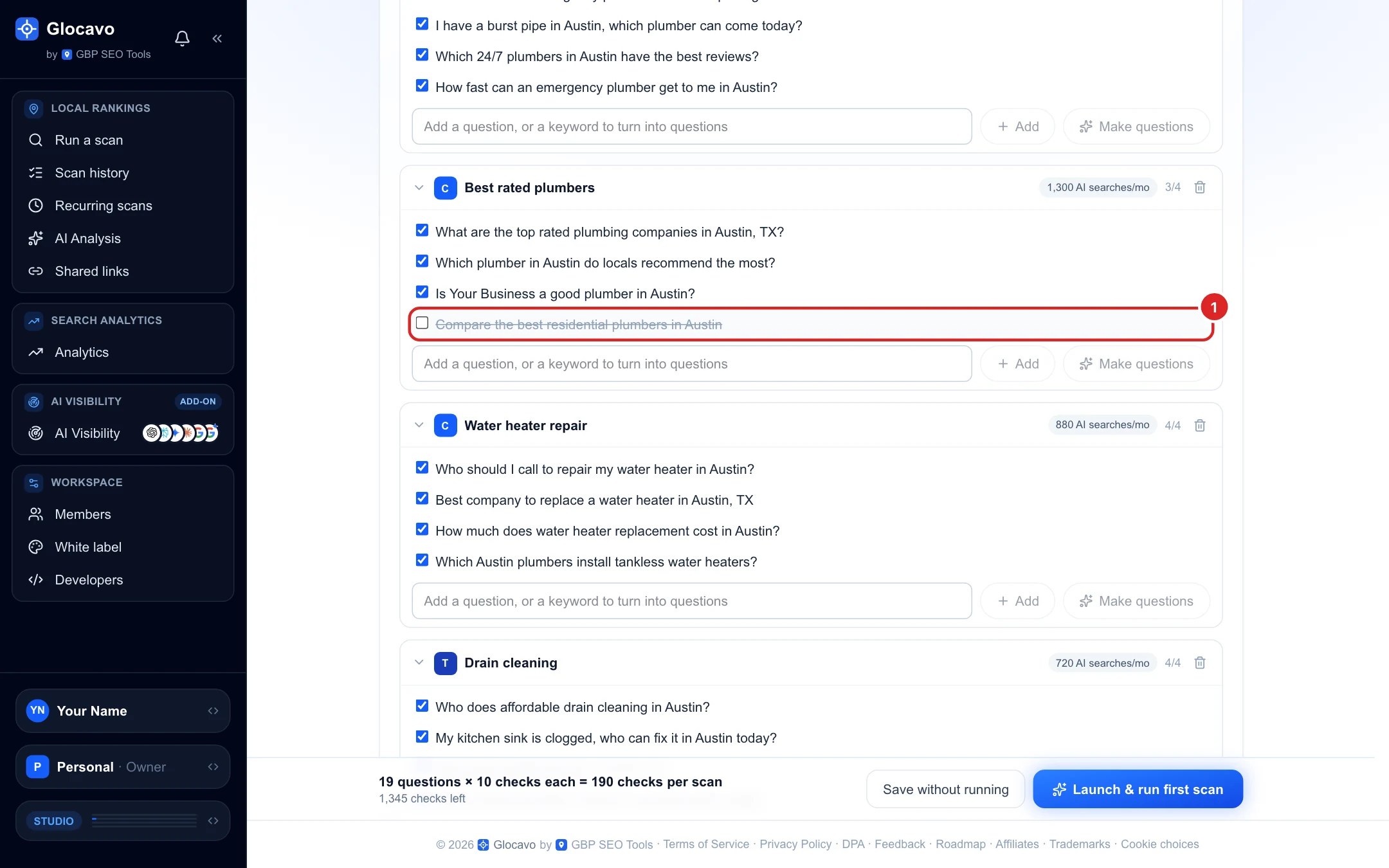 A topic with one question unticked and crossed out, and the box to add your own question