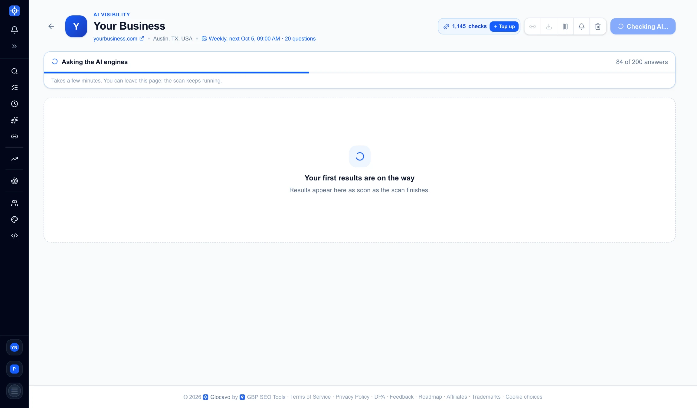 The campaign page while the first scan runs, with a progress bar of answers received