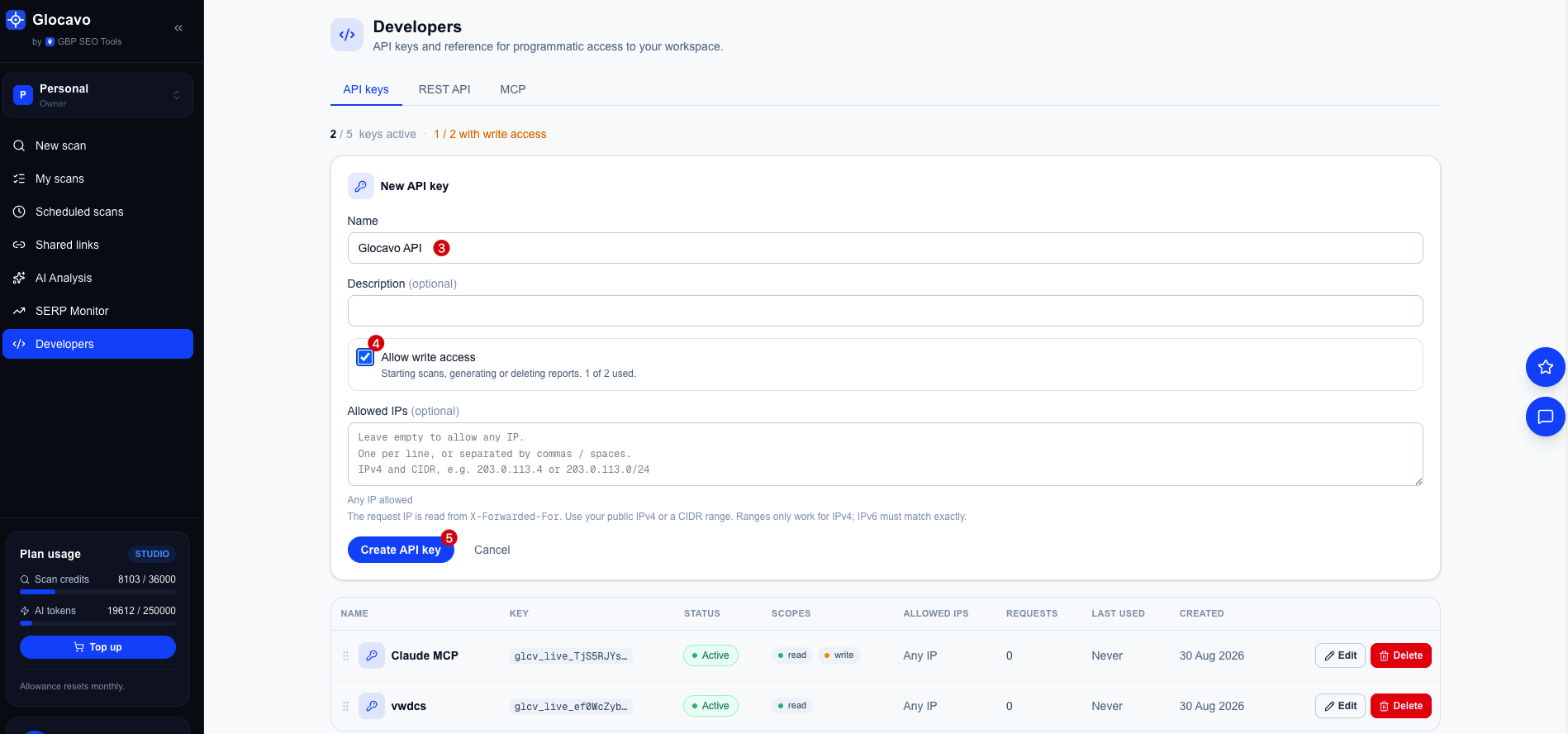 The New API key form with a name, the write-access toggle and an allowed IPs field