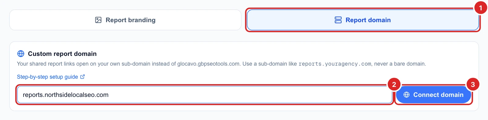 The Report domain tab with reports.northsidelocalseo.com typed and the Connect domain button