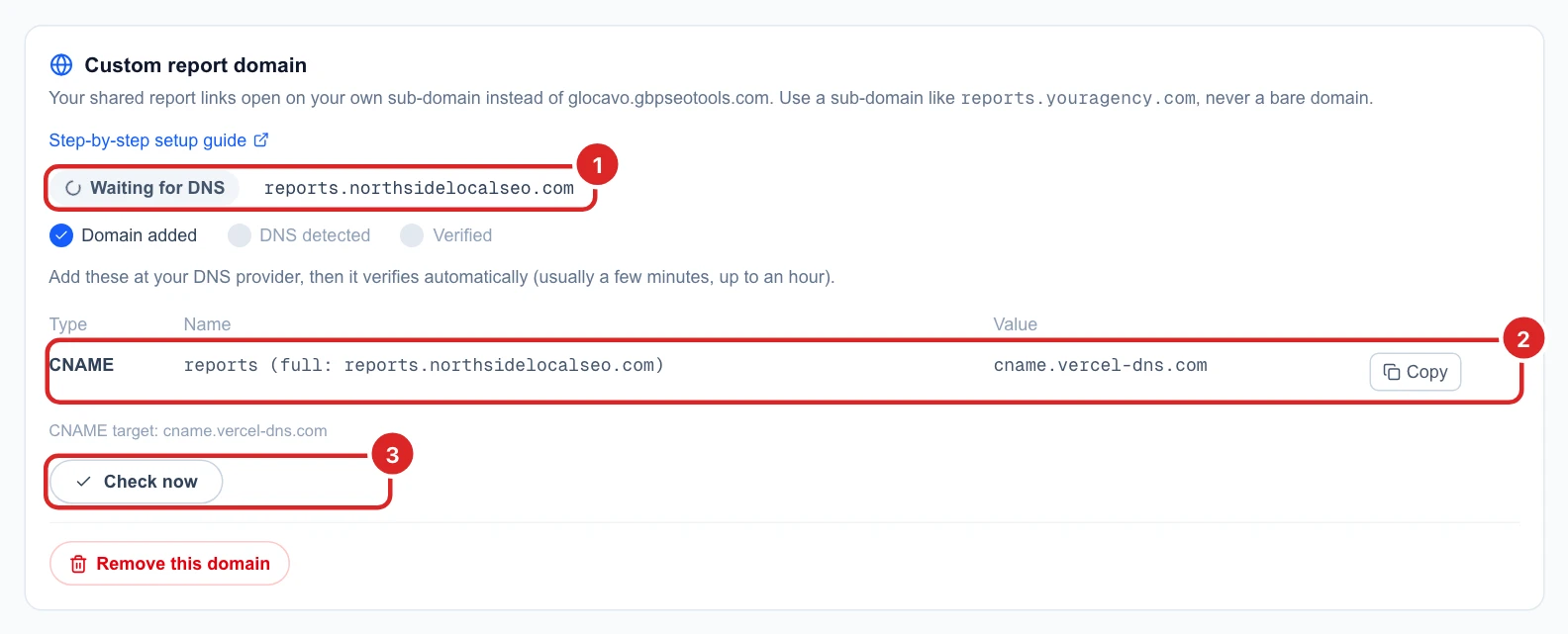 Waiting for DNS for reports.northsidelocalseo.com, a CNAME record with the name reports and the value cname.vercel-dns.com with a Copy button, and the Check now button