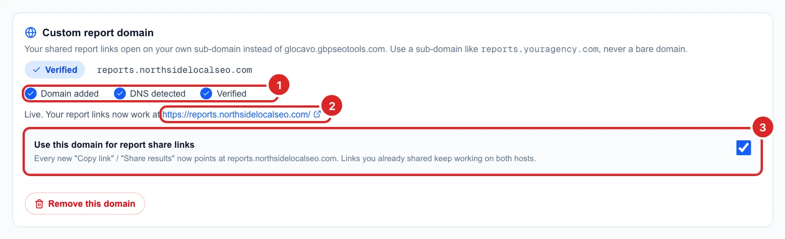Verified: Domain added, DNS detected and Verified all ticked, the live address https://reports.northsidelocalseo.com/ and Use this domain for report share links ticked