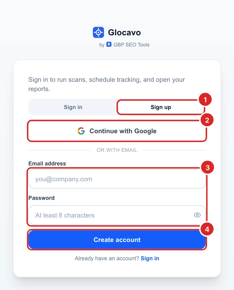 The Glocavo sign-up screen: the Sign up tab, Continue with Google, the email and password fields and the Create account button