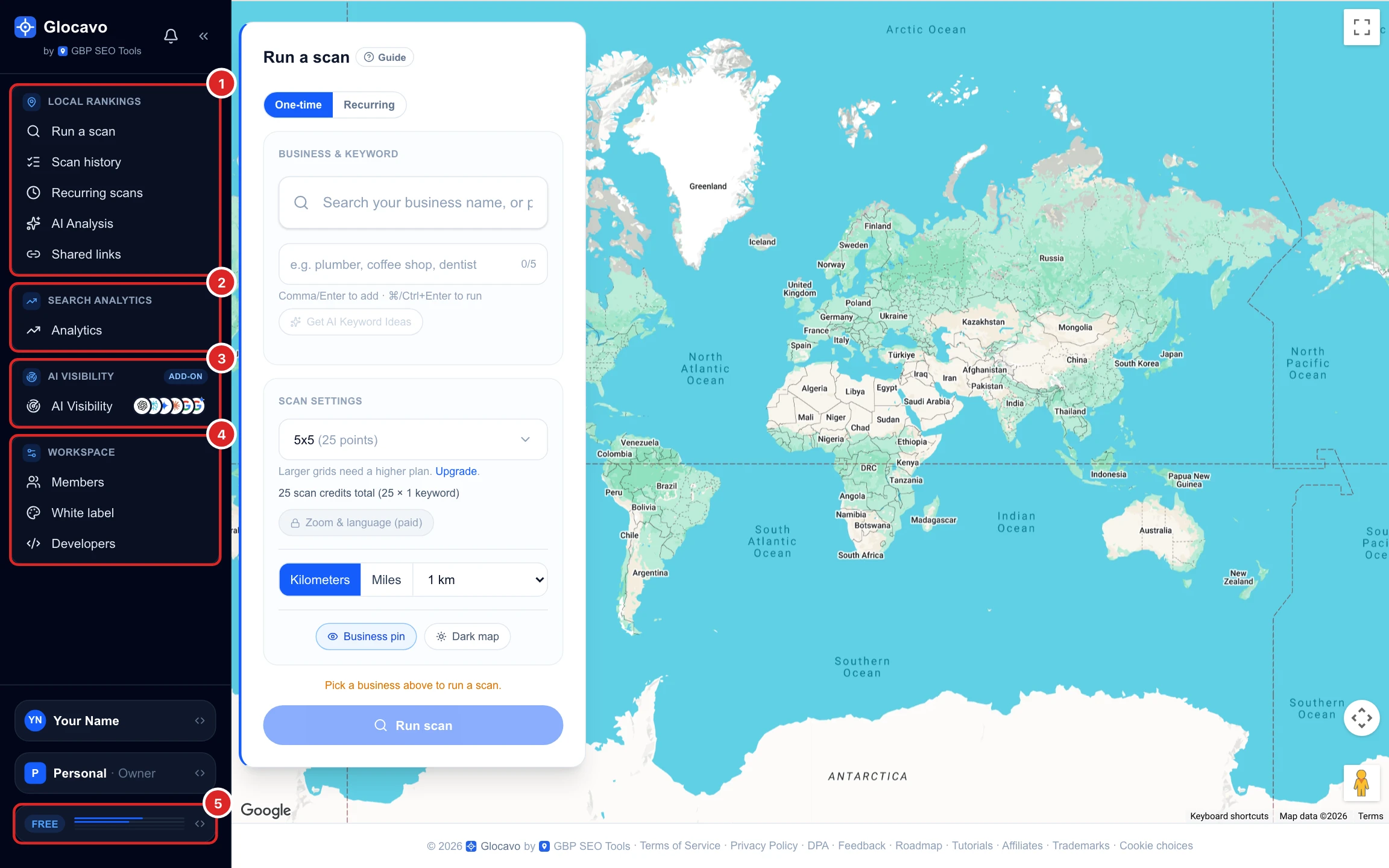 Glocavo on the Free plan: the sidebar with Local rankings, Search analytics, AI Visibility and Workspace, the plan at the bottom, and the Run a scan form next to a world map