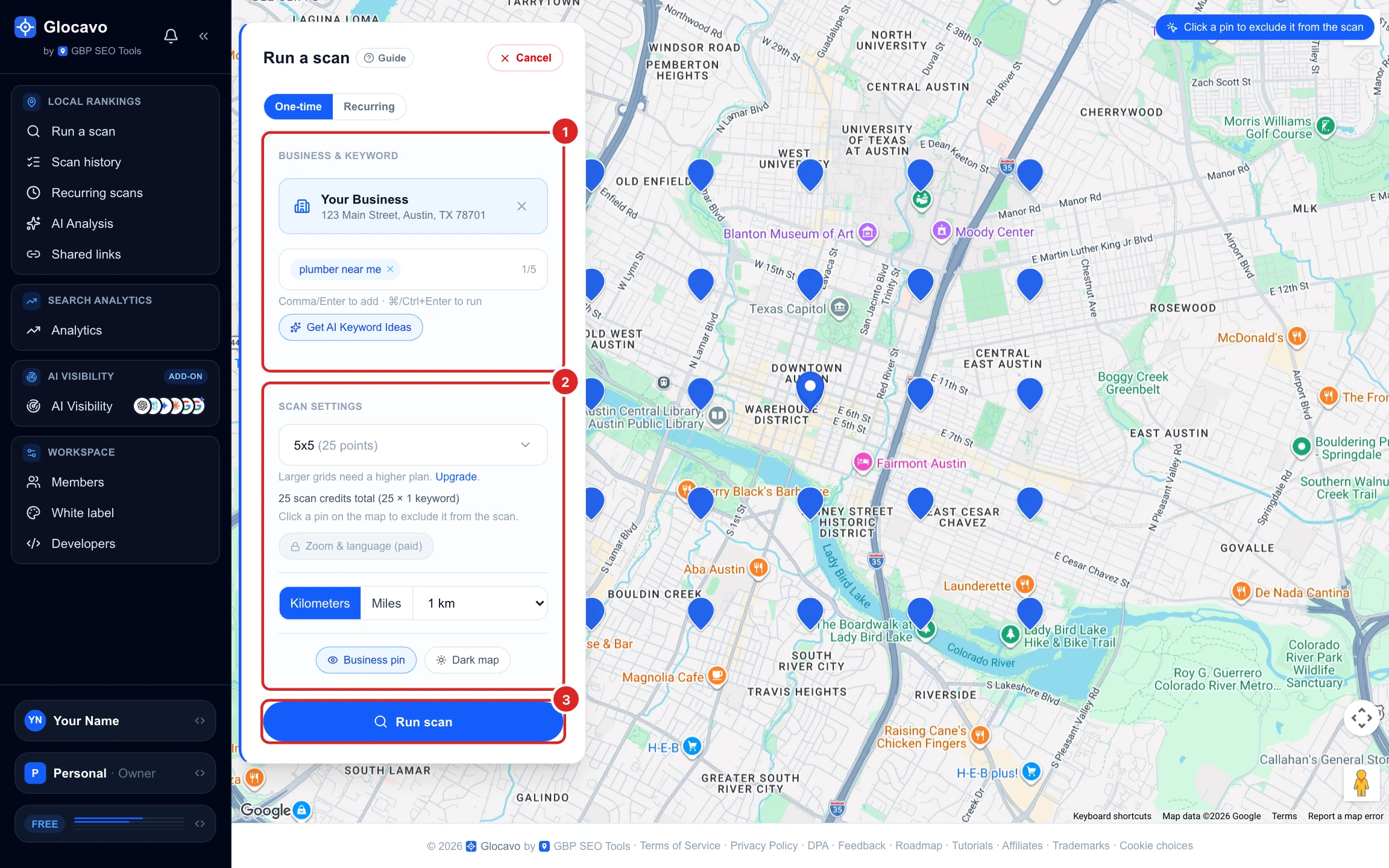 Run a scan with Your Business and the keyword plumber near me filled in, the 5x5 grid at 1 km, 25 scan credits, the grid of pins on the map and the Run scan button