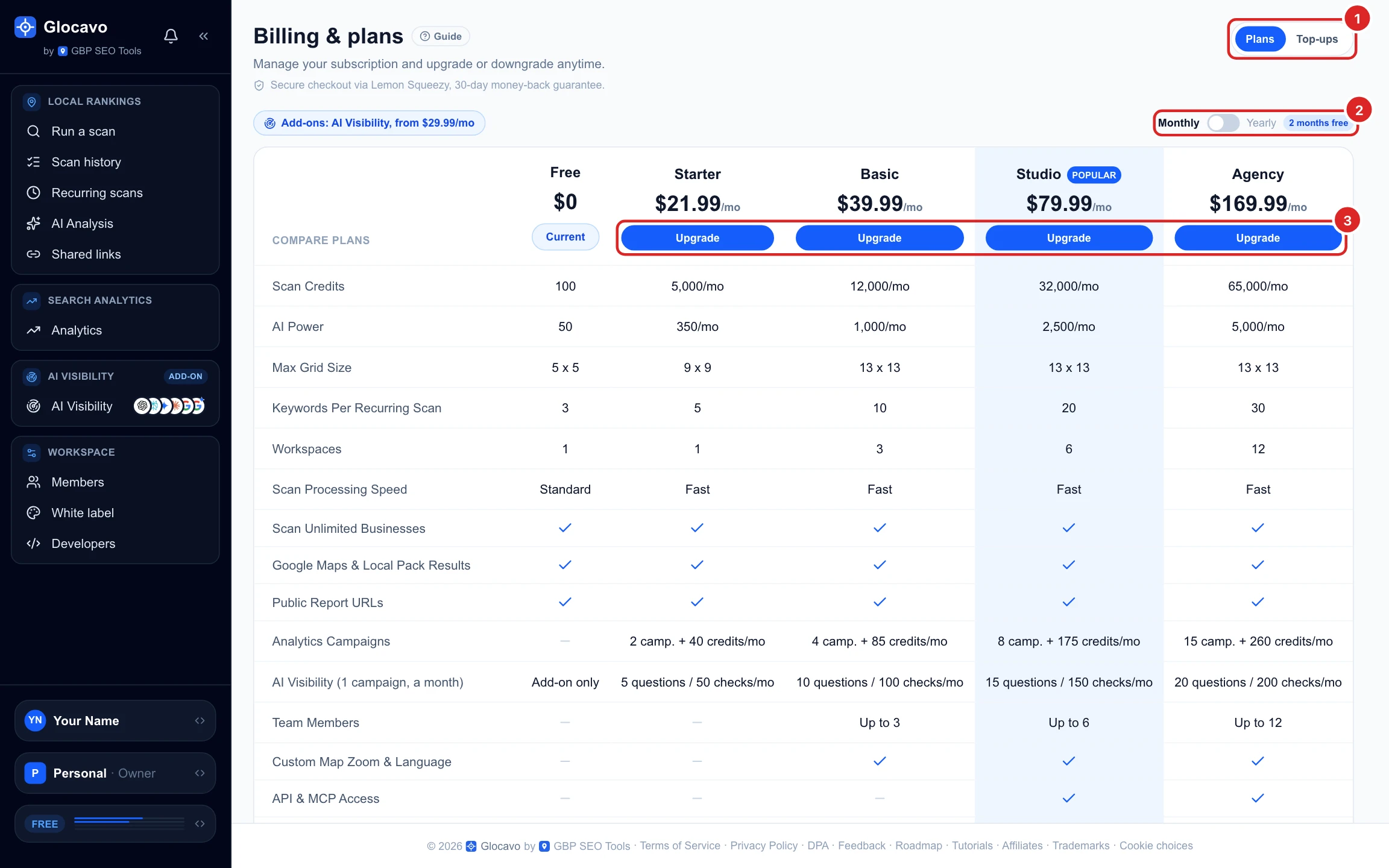 Billing and plans on a Free account: the Plans and Top-ups tabs, the Monthly and Yearly switch, and Free, Starter, Basic, Studio and Agency with an Upgrade button on each paid plan