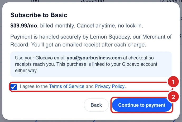 Subscribe to Basic: $39.99 a month billed monthly, cancel anytime, with the terms checkbox and the Continue to payment button
