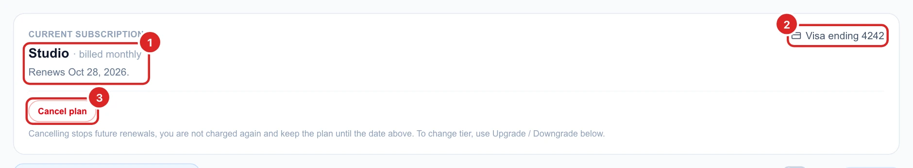 Current subscription: Studio billed monthly, renews Oct 28, 2026, Visa ending 4242, and the Cancel plan button