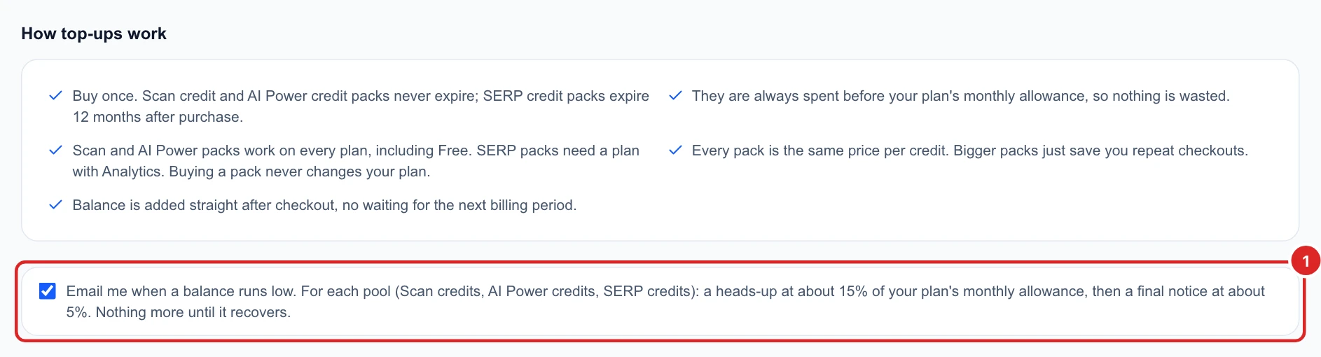How top-ups work, and the ticked Email me when a balance runs low setting