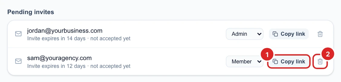 Two pending invites, each with a role menu, a Copy link button and a bin