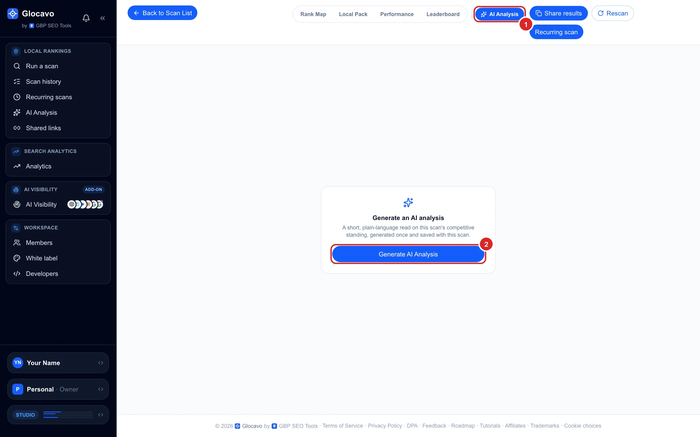 The AI Analysis tab of a scan report before generating, with the Generate AI Analysis button