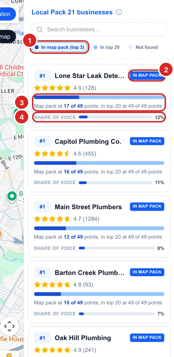 The business list filtered to In map pack, with Lone Star Leak Detection first: In map pack tag, coverage bar, map pack at 17 of 49 points and 12% share of voice