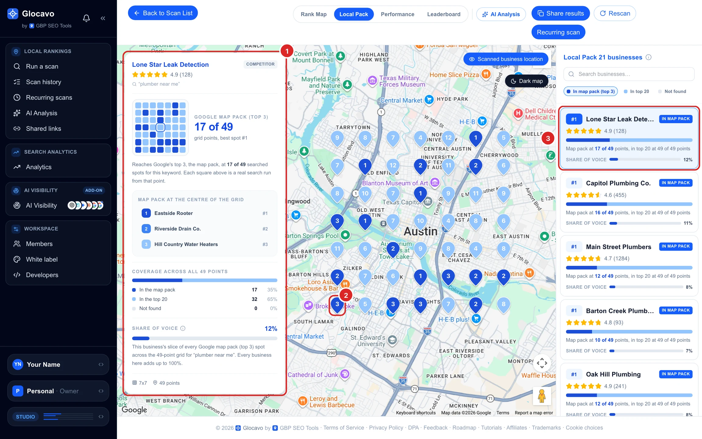 Lone Star Leak Detection selected: its card on the left and the map with dark blue pins where it is in the top 3