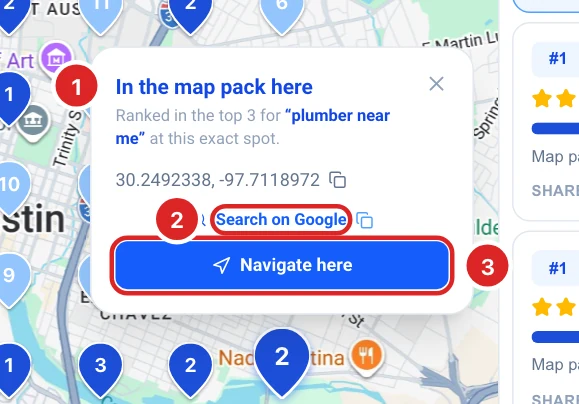 The popup of a dark blue pin: In the map pack here, the coordinates, Search on Google and the Navigate here button