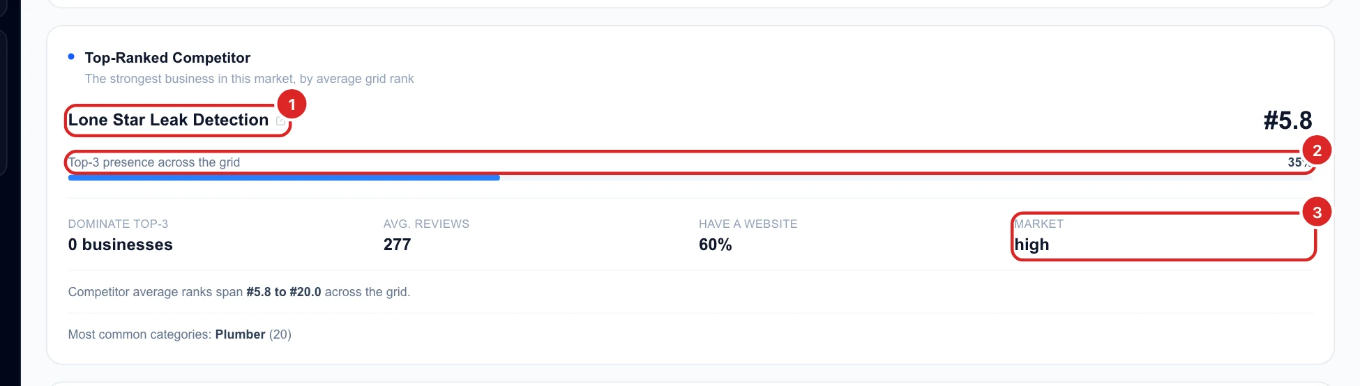 The Top-Ranked Competitor card with Lone Star Leak Detection at #5.8, 35% top-3 presence and the market strip with average reviews, websites and a high market level