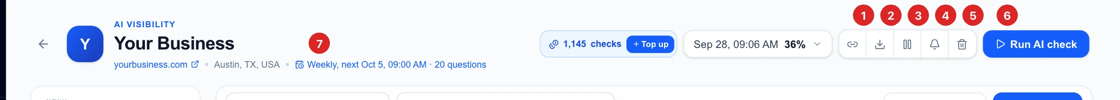 The campaign header with the share, export, pause, email, delete and Run AI check buttons, and the schedule link