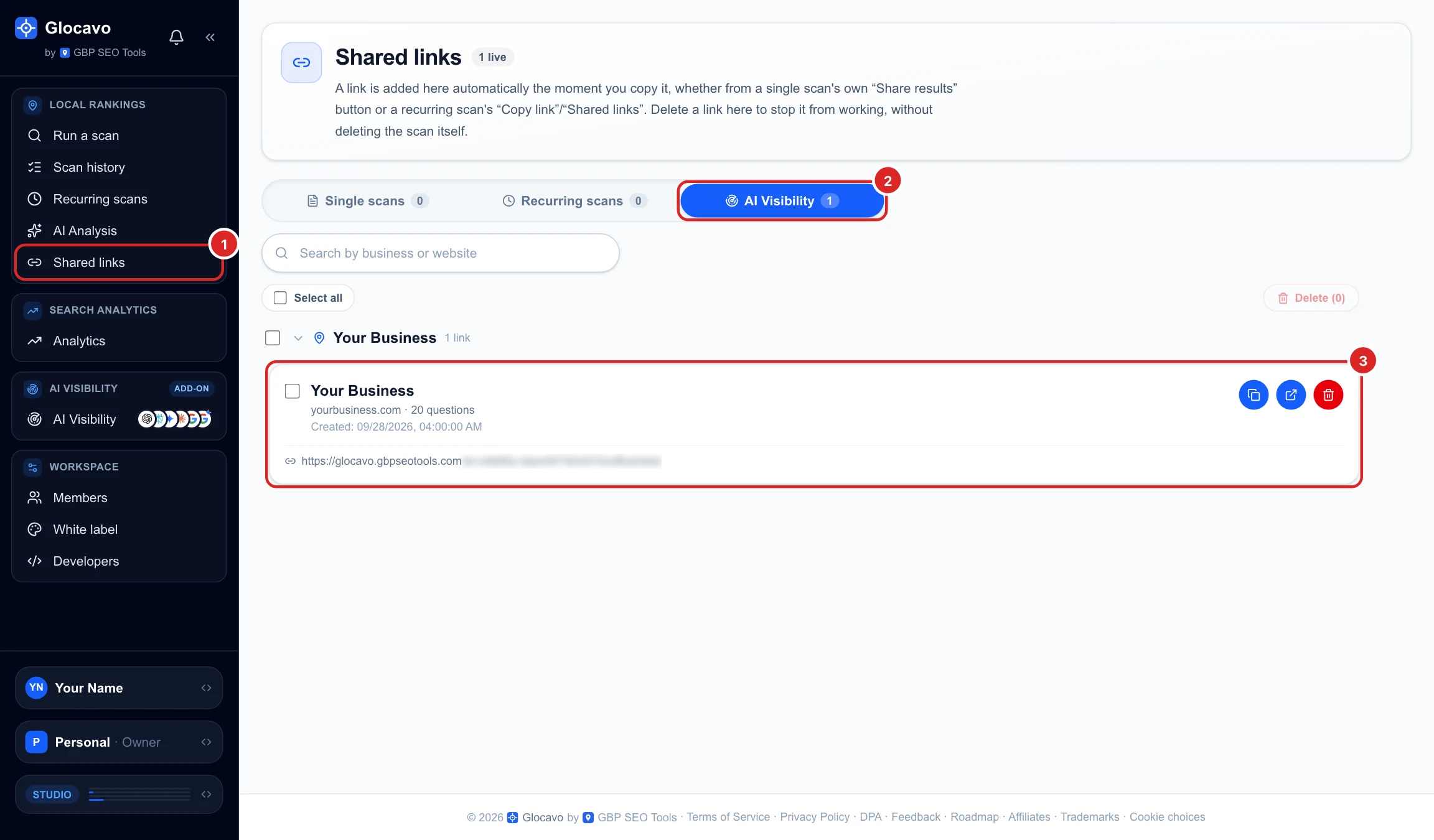 The Shared links page on its AI Visibility tab, listing the shared Your Business report with copy, open and delete buttons