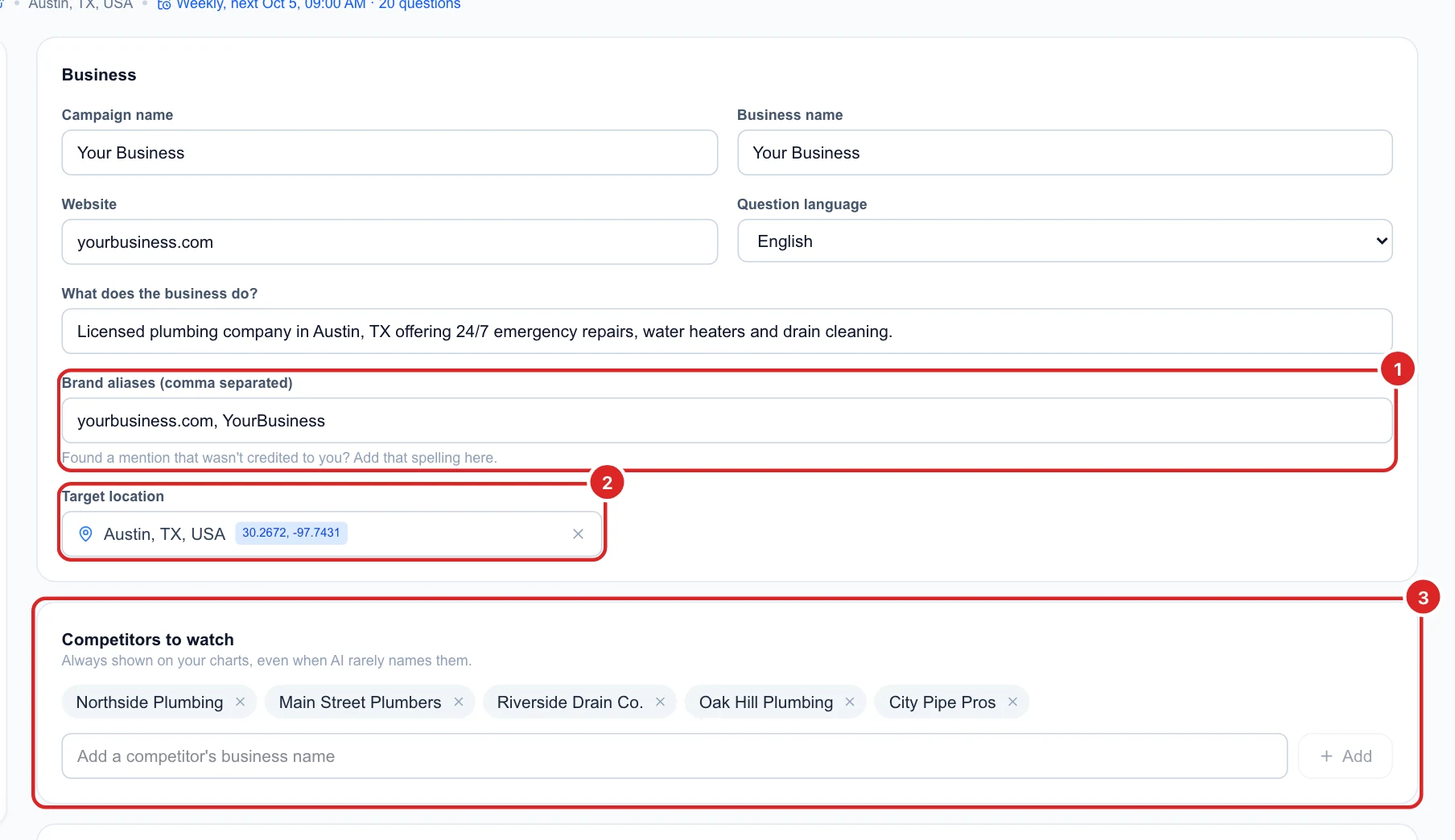 The Business settings with brand aliases and target location, and the Competitors to watch card