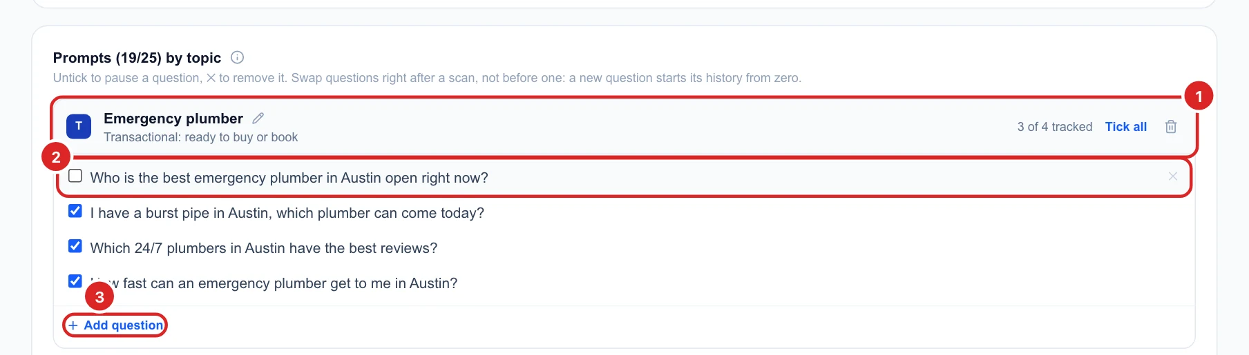 A topic in Settings with one question unticked and the Add question link