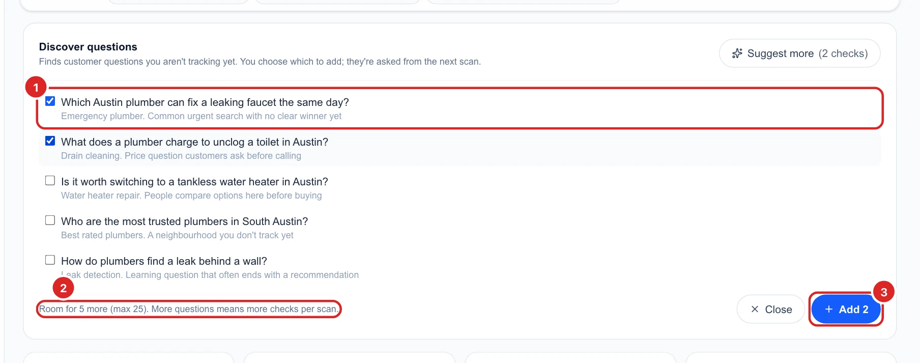 Discover questions with five suggestions, two ticked, room for 5 more and an Add 2 button