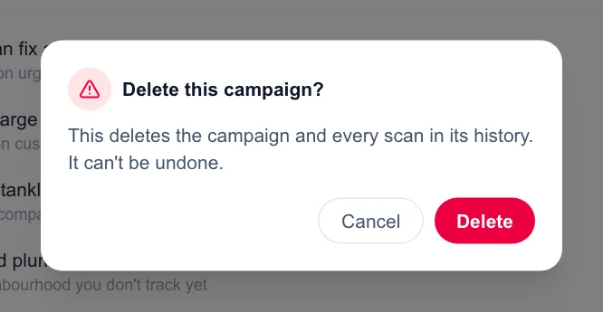 The Delete this campaign confirmation with Cancel and Delete
