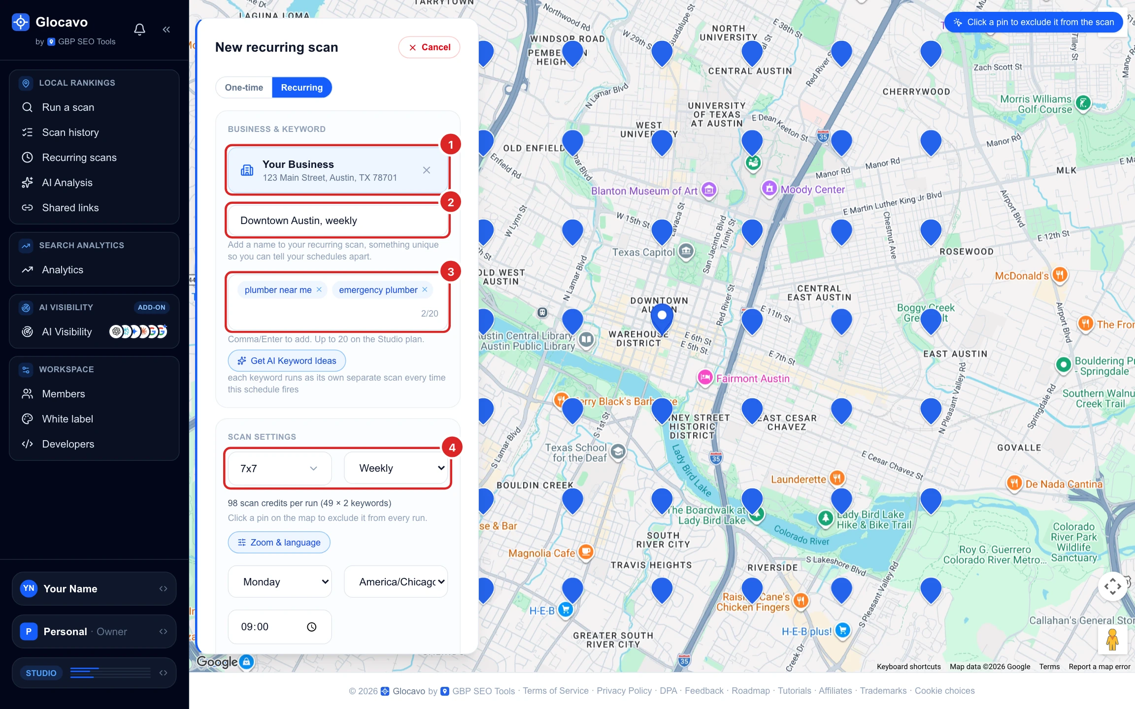 The New recurring scan form with Your Business selected, the name Downtown Austin, weekly, the keywords plumber near me and emergency plumber, a 7x7 grid and Weekly, next to the map with the grid pins
