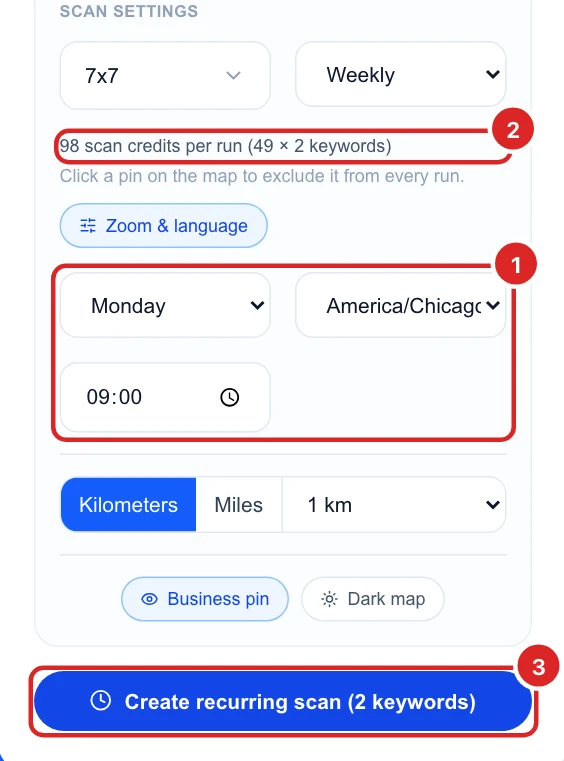 The bottom of the form with Monday, America/Chicago and 09:00, the line 98 scan credits per run (49 × 2 keywords) and the Create recurring scan (2 keywords) button
