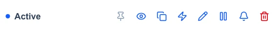 The icon row of a recurring scan card: pin, view, copy link, run now, edit, pause, notifications and delete