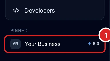 The Pinned section of the left sidebar with Your Business at rank 6.0 and an up arrow