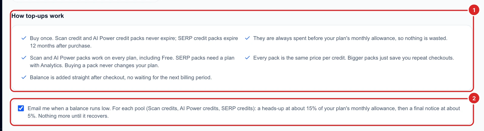 The How top-ups work list and the Email me when a balance runs low option