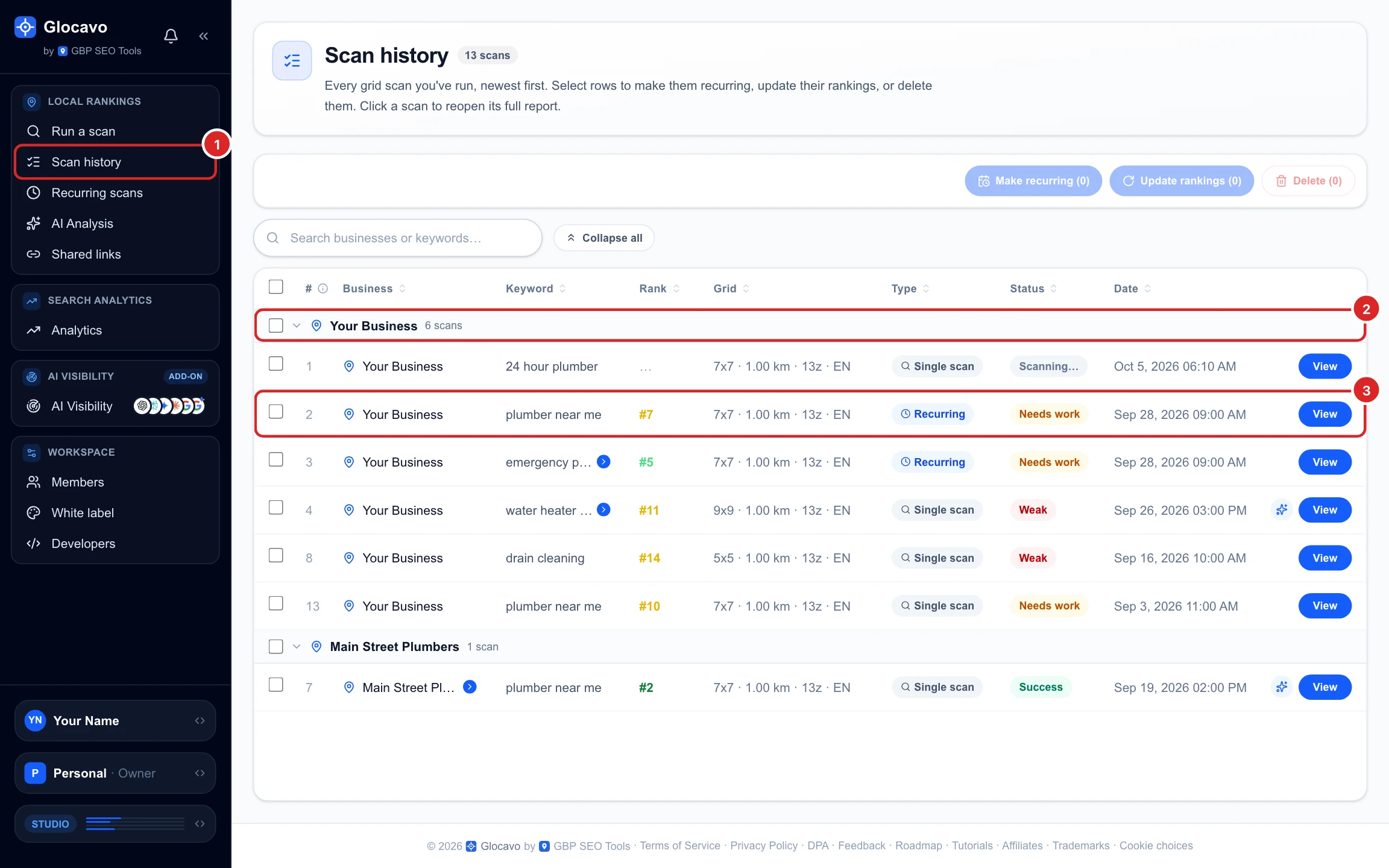 The Scan history page with scans grouped under Your Business and Main Street Plumbers, each row showing business, keyword, rank, grid, type, status and date