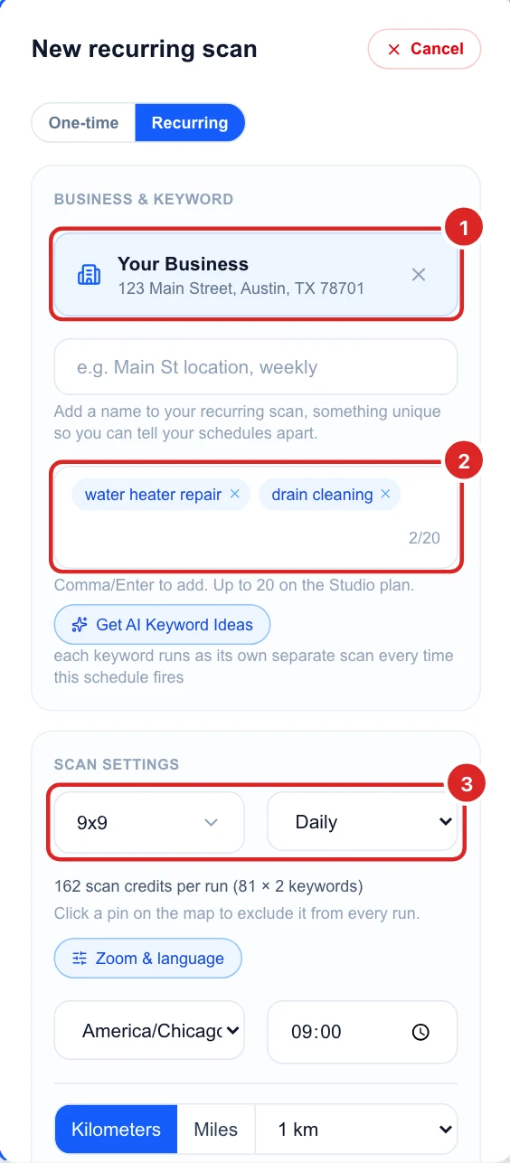 The New recurring scan form filled in with Your Business, the keywords water heater repair and drain cleaning, a 9x9 grid and the Daily schedule