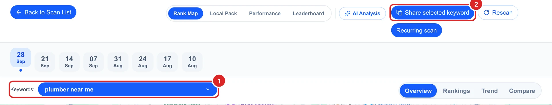 A recurring scan report with the Keywords picker on plumber near me and the Share selected keyword button
