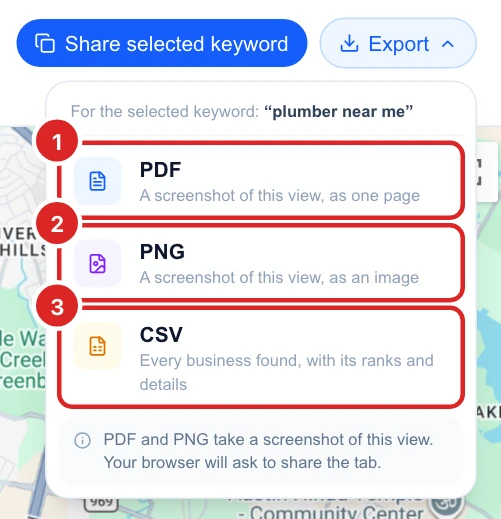 The Export menu with PDF, PNG and CSV, for the selected keyword plumber near me