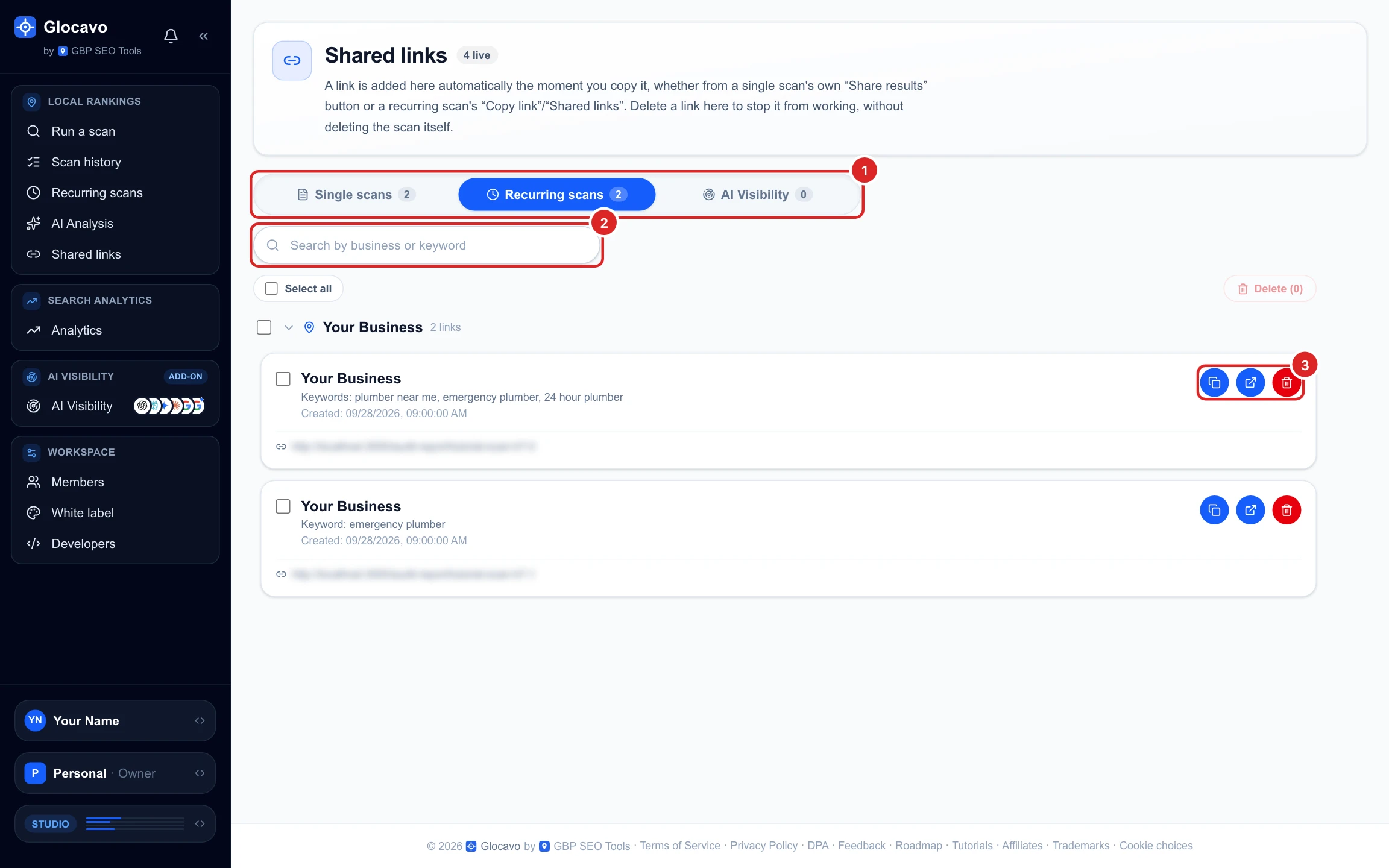 The Shared links page on the Recurring scans tab with two links for Your Business: one with three keywords, one for emergency plumber only