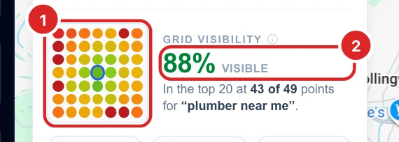 The mini grid of coloured dots next to the grid visibility figure, 88% visible, in the top 20 at 43 of 49 points