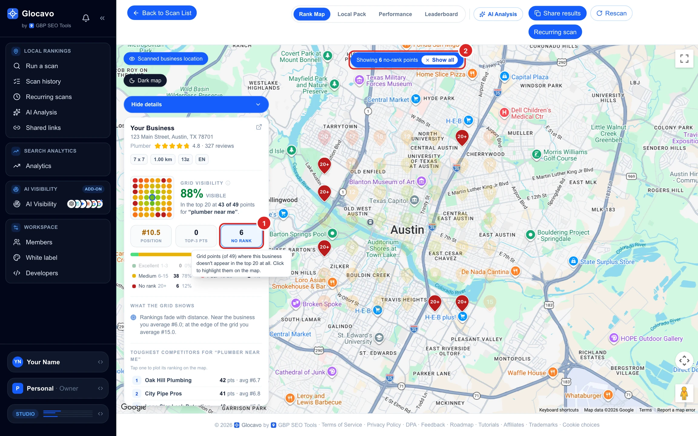 The rank map with only the no-rank pins highlighted after clicking the No rank tile, and the Showing 6 no-rank points banner